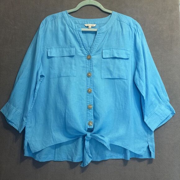 John Mark 100% Linen Tie-Front Button-Up Shirt Pockets Size L Blue 3/4 Sleeve - Picture 1 of 9